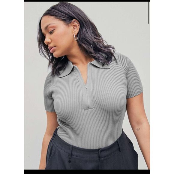 Cider Womens Plus Size 4XL Gray Ribbed Collar Knitted Bodysuit Stretch Top New - Picture 2 of 14